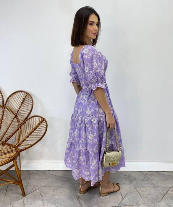 Vestido Midi sem Bojo Eduarda Tricoline com Lastex Bordado Lilás - Fernanda Ramos Store