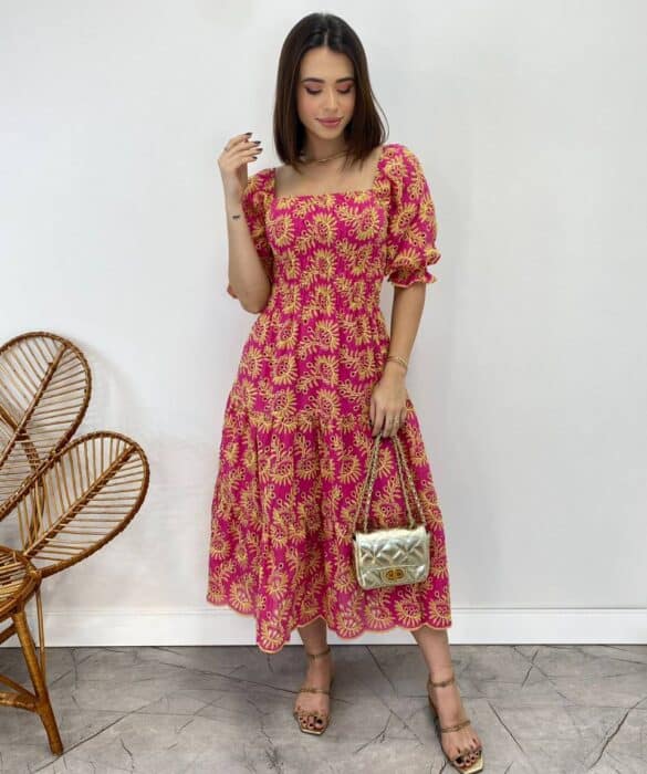 Vestido Midi sem Bojo Eduarda Tricoline com Lastex Bordado Pink - Fernanda Ramos Store