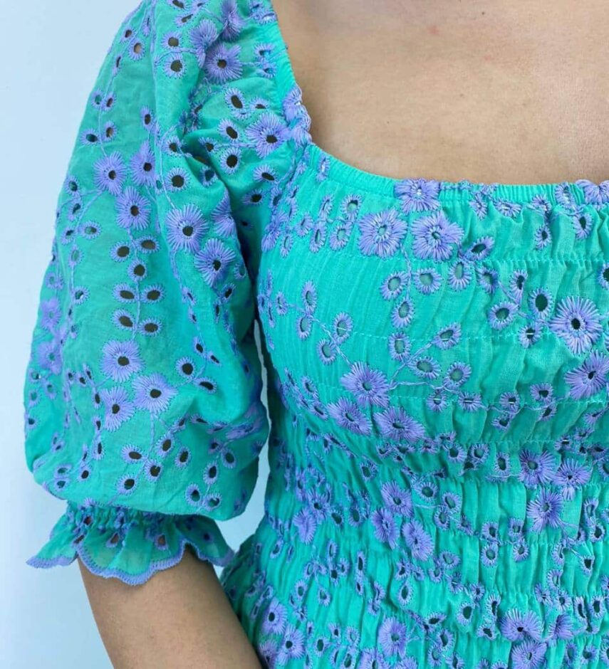 Vestido Midi sem Bojo Eduarda Tricoline com Lastex Bordado Verde Água - Fernanda Ramos Store