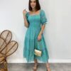 Vestido Midi sem Bojo Eduarda Tricoline com Lastex Bordado Verde Água - Fernanda Ramos Store