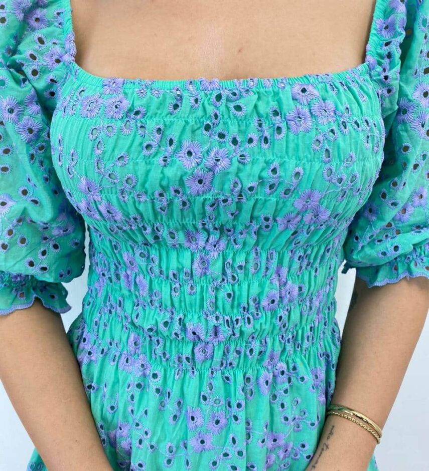 Vestido Midi sem Bojo Eduarda Tricoline com Lastex Bordado Verde Água - Fernanda Ramos Store