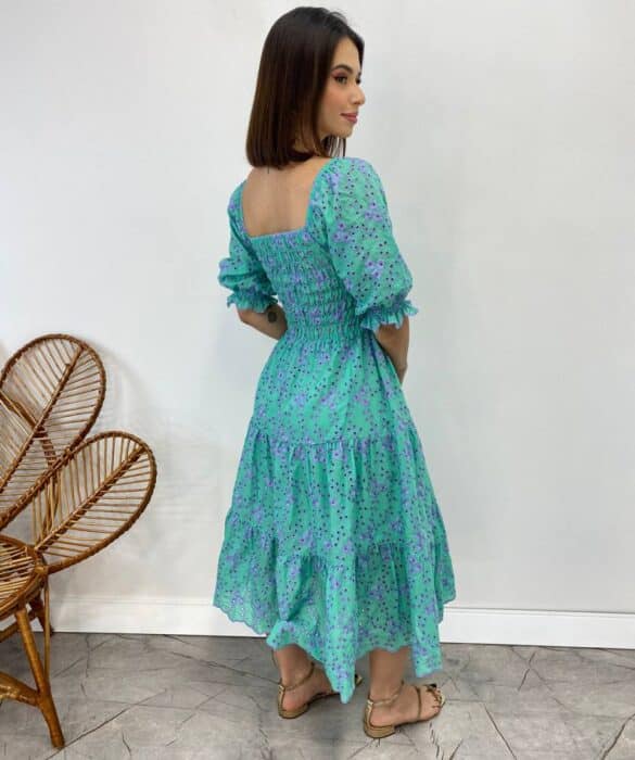 Vestido Midi sem Bojo Eduarda Tricoline com Lastex Bordado Verde Água - Fernanda Ramos Store