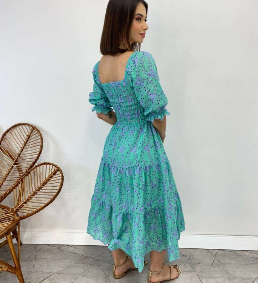 Vestido Midi sem Bojo Eduarda Tricoline com Lastex Bordado Verde Água - Fernanda Ramos Store
