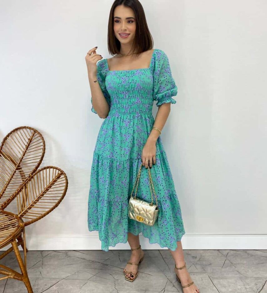 Vestido Midi sem Bojo Eduarda Tricoline com Lastex Bordado Verde Água - Fernanda Ramos Store