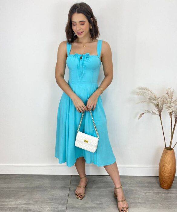 Vestido Midi sem Bojo Elisa com Fenda Azul - Fernanda Ramos Store