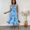 Vestido Midi sem Bojo Elisa com Fenda Estampa Azul Floral - Fernanda Ramos Store