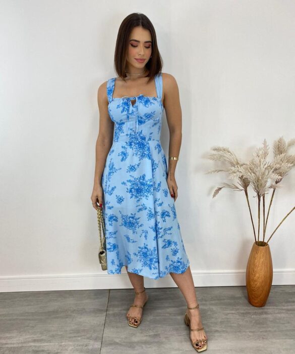 Vestido Midi sem Bojo Elisa com Fenda Estampa Azul Floral - Fernanda Ramos Store