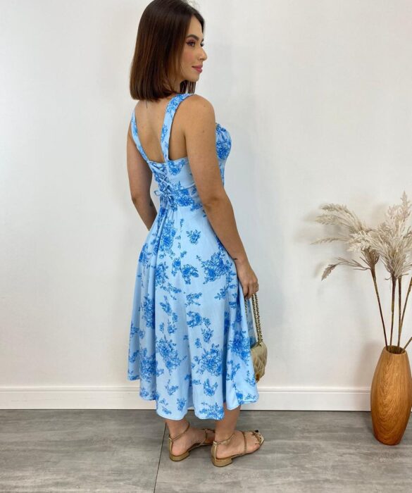 Vestido Midi sem Bojo Elisa com Fenda Estampa Azul Floral - Fernanda Ramos Store