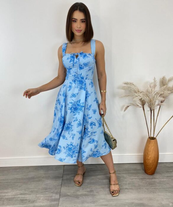 Vestido Midi sem Bojo Elisa com Fenda Estampa Azul Floral - Fernanda Ramos Store