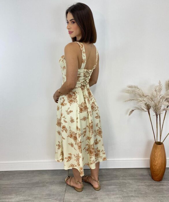 Vestido Midi sem Bojo Elisa com Fenda Estampa Bege Floral - Fernanda Ramos Store