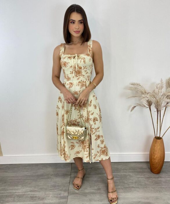 Vestido Midi sem Bojo Elisa com Fenda Estampa Bege Floral - Fernanda Ramos Store