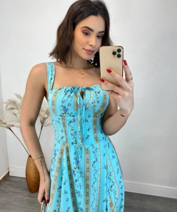 Vestido Midi sem Bojo Elisa com Fenda Estampa Floral Azul - Fernanda Ramos Store