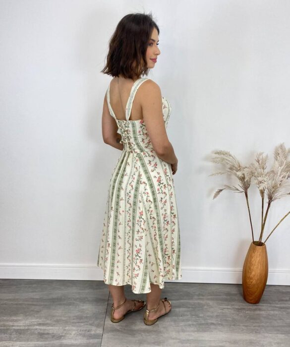 Vestido Midi sem Bojo Elisa com Fenda Estampa Floral Bege - Fernanda Ramos Store