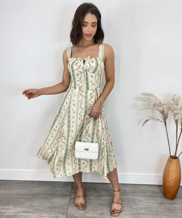 Vestido Midi sem Bojo Elisa com Fenda Estampa Floral Bege - Fernanda Ramos Store