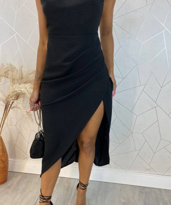 Vestido Midi sem Bojo Juliana com Fenda Preto - Fernanda Ramos Store