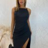 Vestido Midi sem Bojo Juliana com Fenda Preto - Fernanda Ramos Store