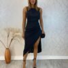 Vestido Midi sem Bojo Juliana com Fenda Preto - Fernanda Ramos Store