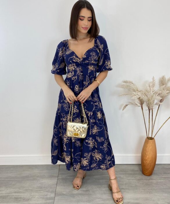 Vestido Midi sem Bojo Lastex Atrás Manga Curta Bordado Azul - Fernanda Ramos Store