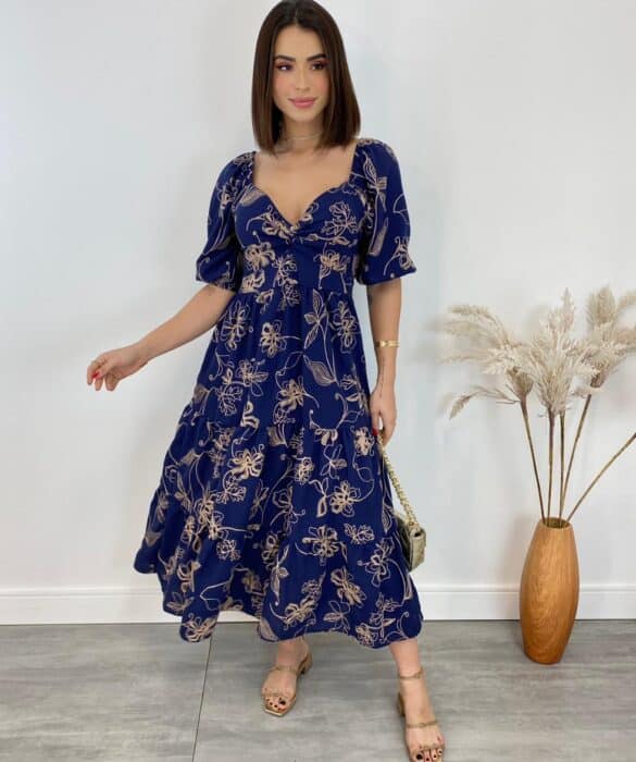 Vestido Midi sem Bojo Lastex Atrás Manga Curta Bordado Azul - Fernanda Ramos Store