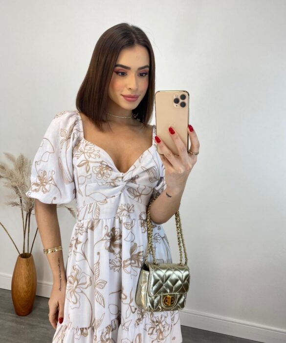 Vestido Midi sem Bojo Lastex Atrás Manga Curta Bordado Branco - Fernanda Ramos Store