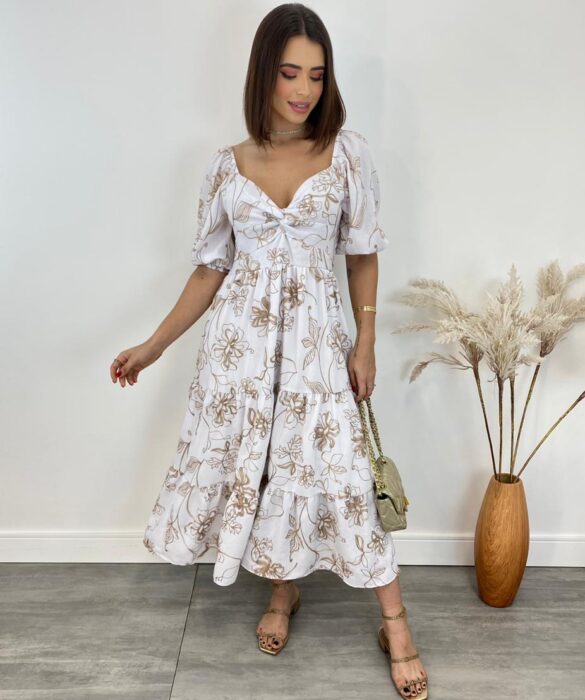 Vestido Midi sem Bojo Lastex Atrás Manga Curta Bordado Branco - Fernanda Ramos Store