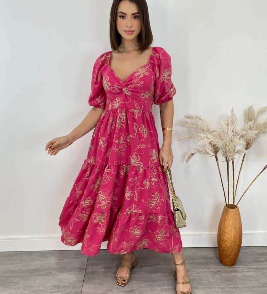 Vestido Midi sem Bojo Lastex Atrás Manga Curta Bordado Pink - Fernanda Ramos Store
