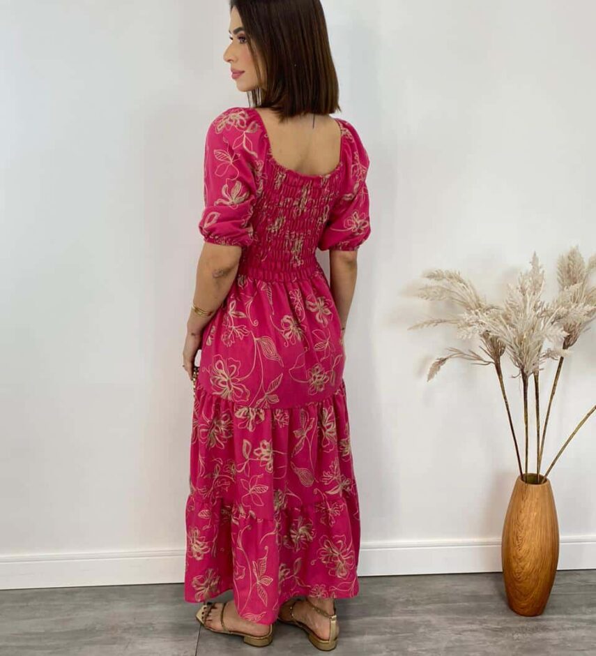 Vestido Midi sem Bojo Lastex Atrás Manga Curta Bordado Pink - Fernanda Ramos Store