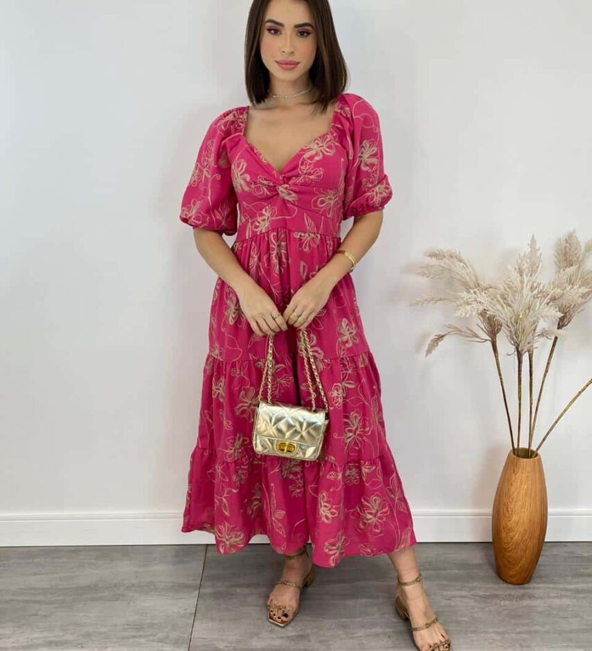 Vestido Midi sem Bojo Lastex Atrás Manga Curta Bordado Pink - Fernanda Ramos Store
