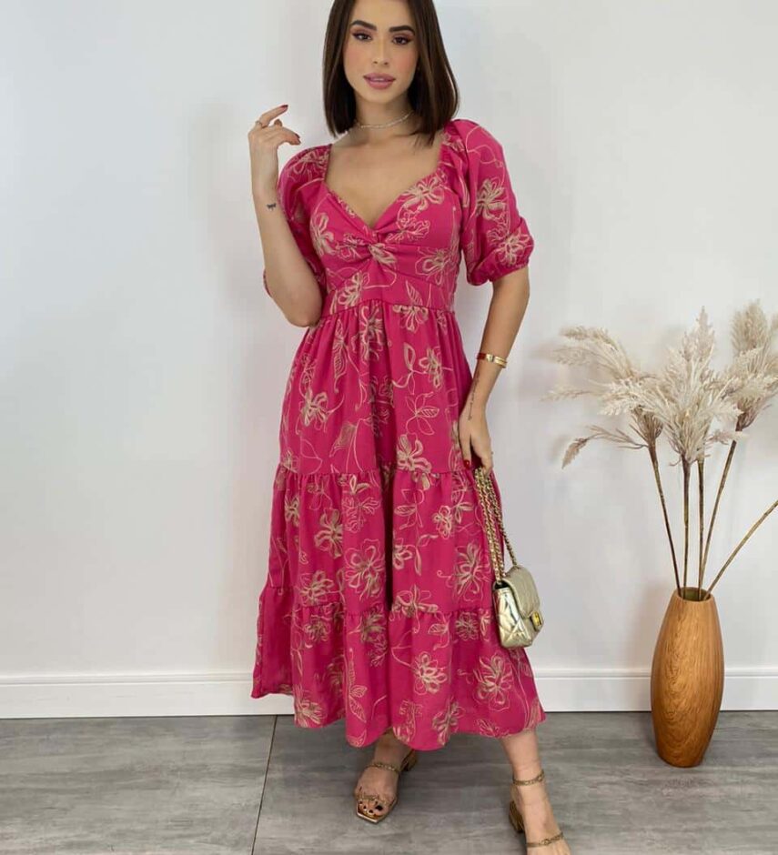 Vestido Midi sem Bojo Lastex Atrás Manga Curta Bordado Pink - Fernanda Ramos Store