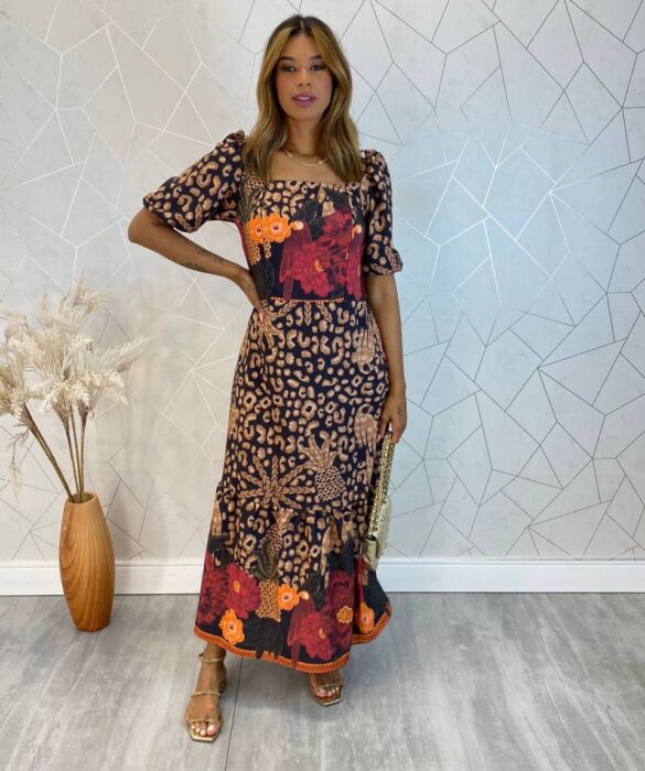 Vestido Midi sem Bojo Manga Princesa Duda Estampa Animal Print - Fernanda Ramos Store