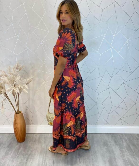 Vestido Midi sem Bojo Manga Princesa Duda Estampa Pássaros - Fernanda Ramos Store