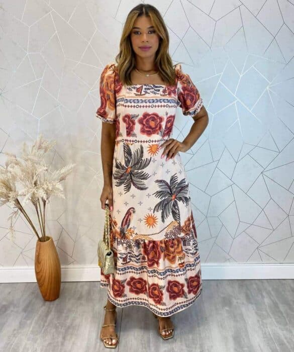 Vestido Midi sem Bojo Manga Princesa Duda Estampado - Fernanda Ramos Store