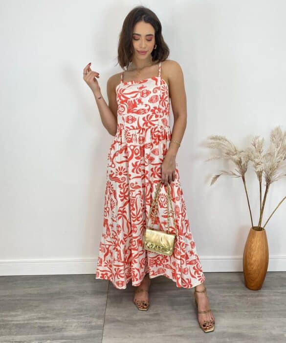 Vestido Midi sem Bojo Shopia Viscolinho Estampado Laranja - Fernanda Ramos Store