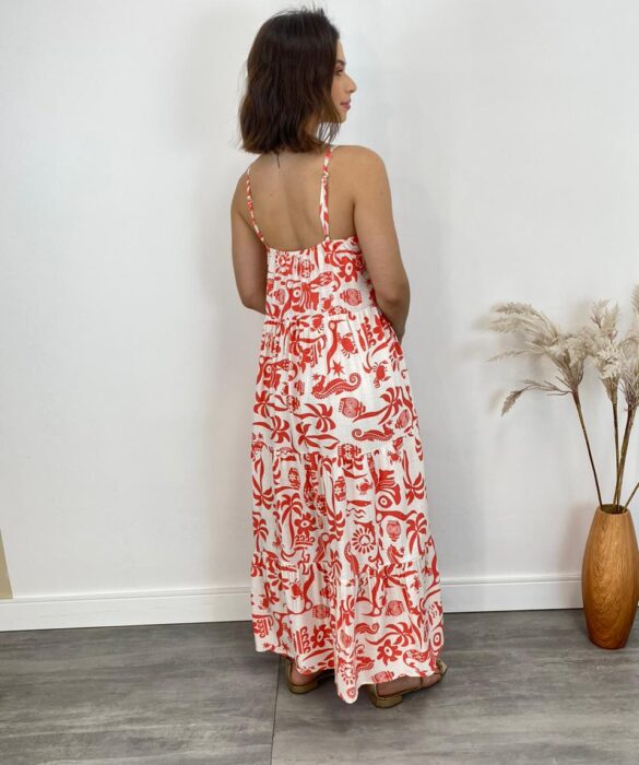 Vestido Midi sem Bojo Shopia Viscolinho Estampado Laranja - Fernanda Ramos Store