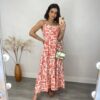 Vestido Midi sem Bojo Shopia Viscolinho Estampado Laranja - Fernanda Ramos Store