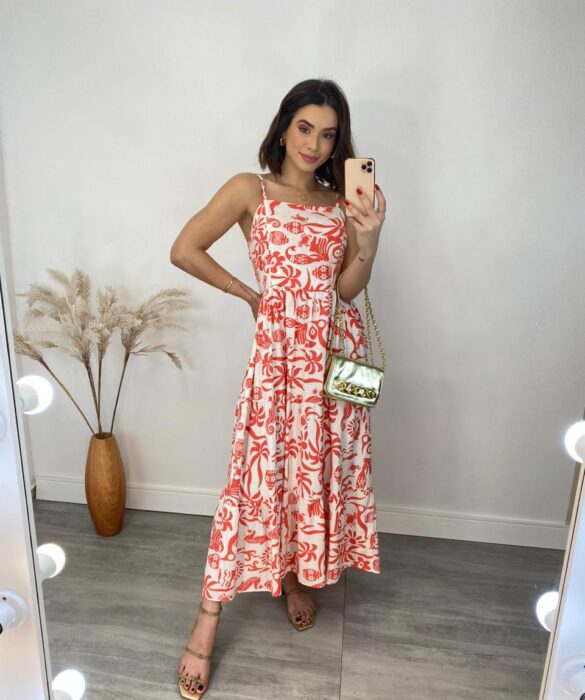 Vestido Midi sem Bojo Shopia Viscolinho Estampado Laranja - Fernanda Ramos Store