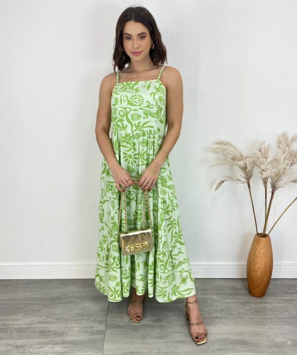 Vestido Midi sem Bojo Shopia Viscolinho Estampado Verde - Fernanda Ramos Store