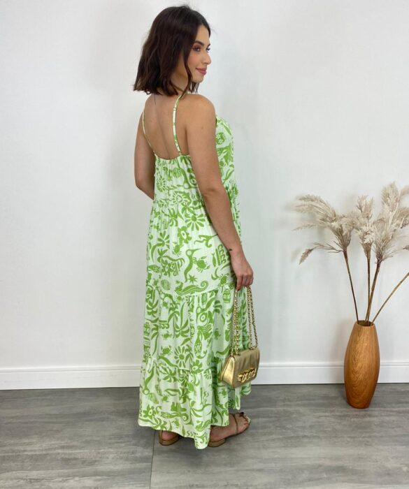 Vestido Midi sem Bojo Shopia Viscolinho Estampado Verde - Fernanda Ramos Store