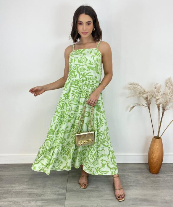 Vestido Midi sem Bojo Shopia Viscolinho Estampado Verde - Fernanda Ramos Store