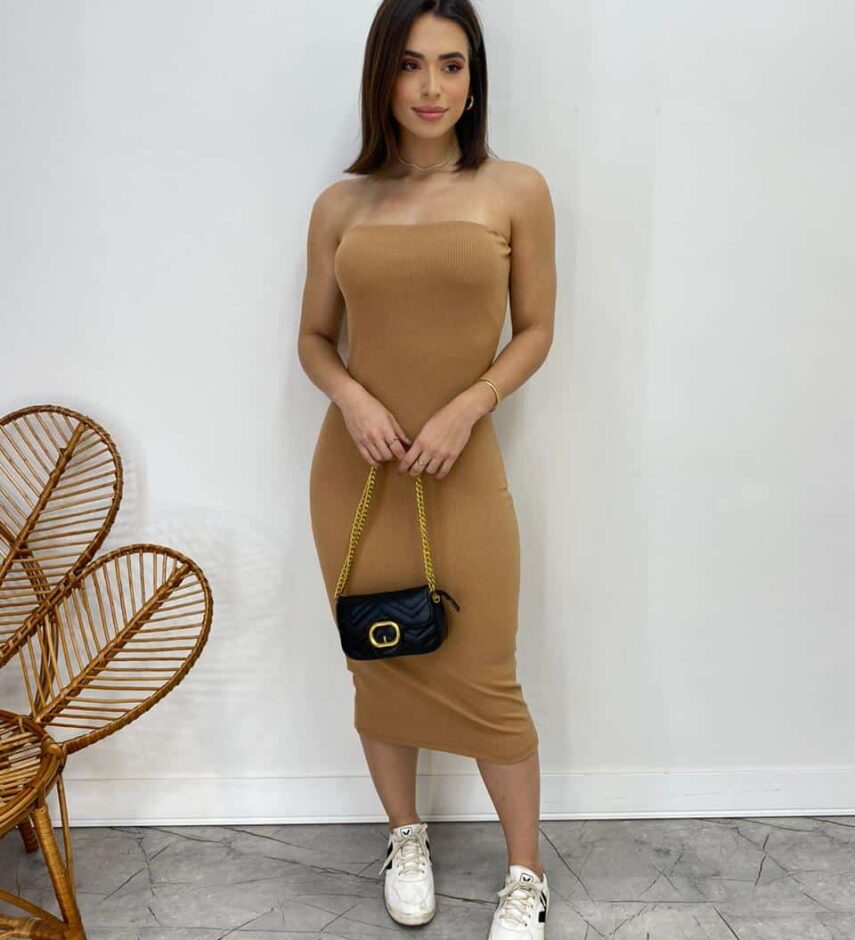 Vestido Midi sem Bojo Tomara que Caia Canelado Bege - Fernanda Ramos Store