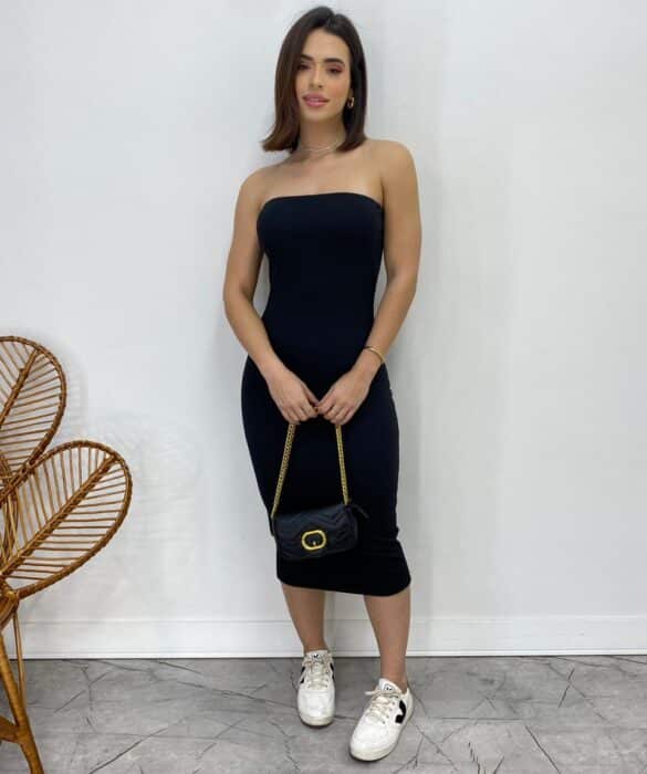 Vestido Midi sem Bojo Tomara que Caia Canelado Preto - Fernanda Ramos Store