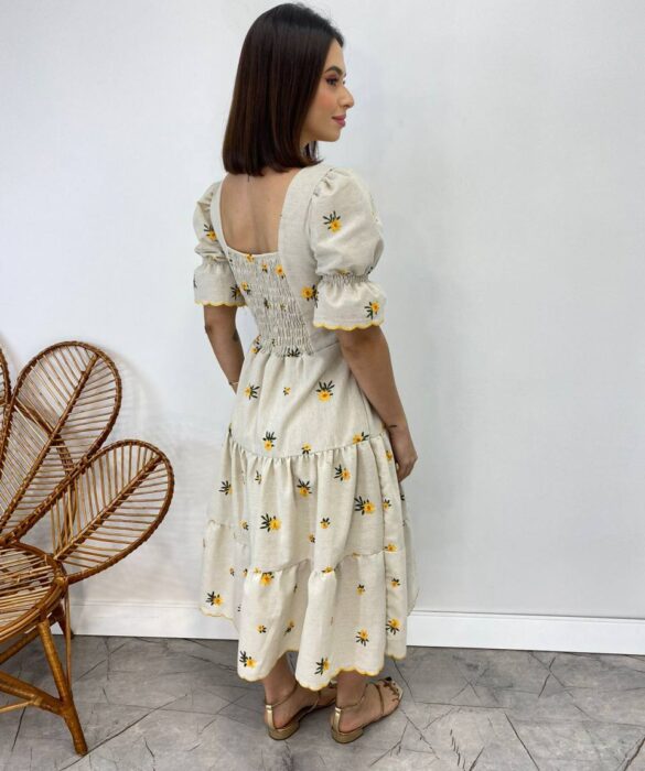 Vestido Midi sem Bojo Tricoline com Cinto Cru Flores Amarelo - Fernanda Ramos Store