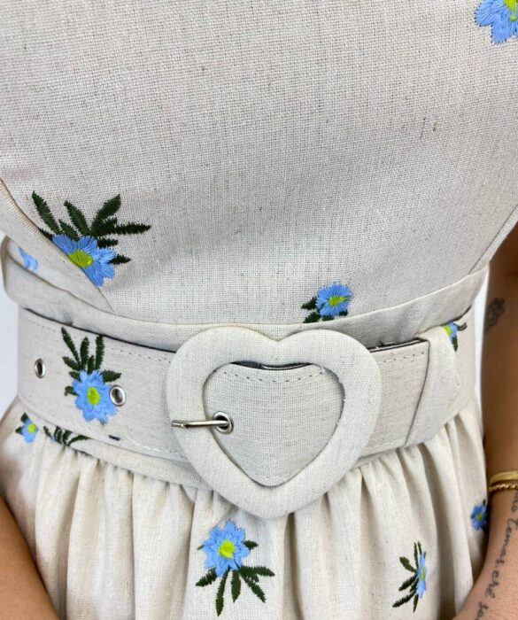 Vestido Midi sem Bojo Tricoline com Cinto Cru Flores Azul - Fernanda Ramos Store