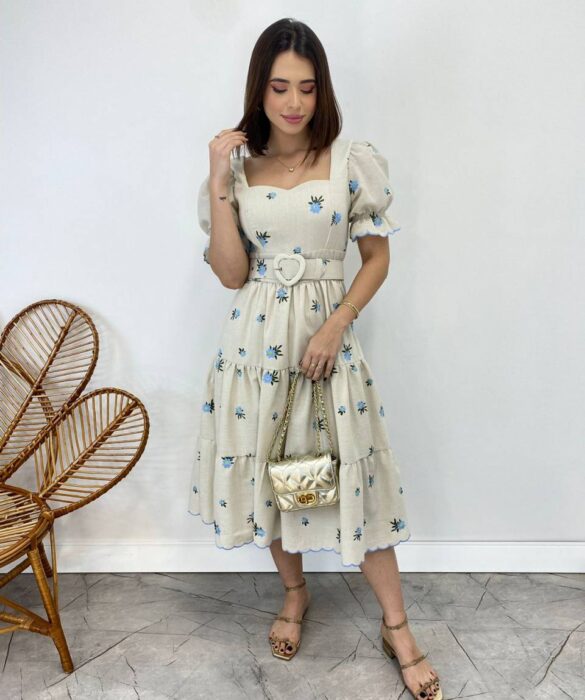 Vestido Midi sem Bojo Tricoline com Cinto Cru Flores Azul - Fernanda Ramos Store