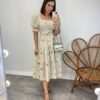 Vestido Midi sem Bojo Tricoline com Cinto Cru Flores Laranja - Fernanda Ramos Store