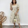 Vestido Midi sem Bojo Tricoline com Cinto Cru Flores Laranja - Fernanda Ramos Store