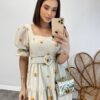 Vestido Midi sem Bojo Tricoline com Cinto Cru Flores Laranja - Fernanda Ramos Store