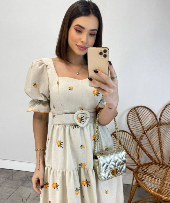 Vestido Midi sem Bojo Tricoline com Cinto Cru Flores Laranja - Fernanda Ramos Store