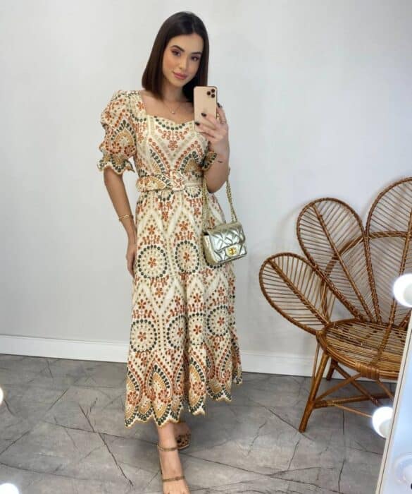 Vestido Midi sem Bojo Tricoline Laise Estampado Manga Princesa - Fernanda Ramos Store