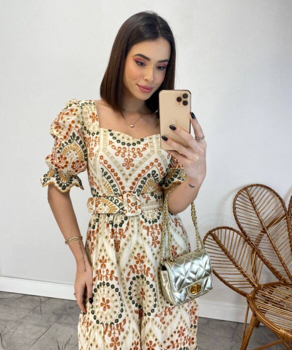 Vestido Midi sem Bojo Tricoline Laise Estampado Manga Princesa - Fernanda Ramos Store